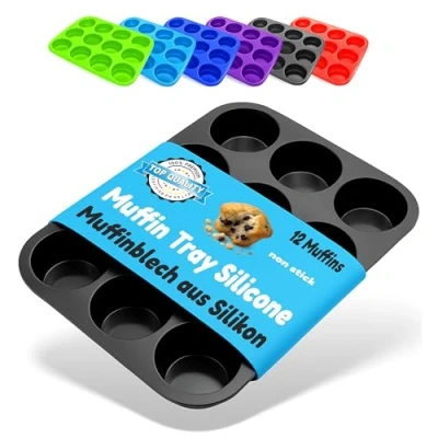 Afbeelding van Belmalia Muffin Bakvorm Silicone, 12 Holtes, Antiaanbaklaag, Cupcake, Brownies, Muffins Vorm, Zwart
