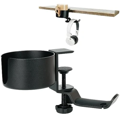 Afbeelding van Belle Vous 2 in 1 Bureau Bekerhouder en Hoofdtelefoon Standaard Multifunctionele Onder de Tafel Headset Hanger met 360 Roterende Bracket Anti knoei Cup Houder voor Computer of Gaming PC