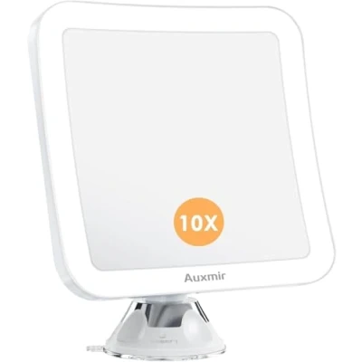Afbeelding van Auxmir Cosmeticaspiegel LED Verlicht met 10x Vergroting, Sterke Zuignap en 2 Helderheidsniveaus, 360 Draaibaar, Make upspiegel Vierkant Verblindingsvrije Verlichting voor Thuis Onderweg