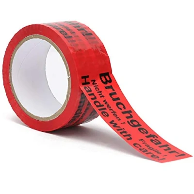 Afbeelding van Plakband Verpakkingstape met aanwijzing op tape (risico breuk let niet gooien Wees voorzichtig breekbaar glas handvat zorg Fragile) (1)