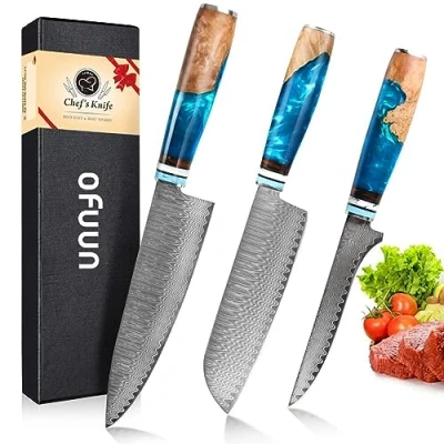 Afbeelding van oFuun Keukenmessenset, 3 Stuks Professionele Keukenmessen Koksmessen 20CM, Santoku Mes 17,5CM, Uitbeenmes 15CM Blauw Kunsthars Handvat met Geschenkverpakking