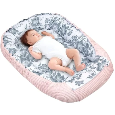 Afbeelding van Medi Partners Babynest Knuffelnest 100% Katoen Wafel Reisbedje Voor baby&#039;s Zuigelingen 100x60x15cm Veilige sluiting (BES met roze Wafel)
