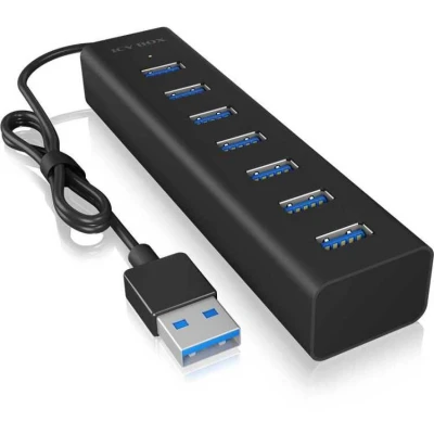 Afbeelding van ICY BOX 7 poorts USB hub met 7X 3.0 (Type A) aansluitingen, geïntegreerde kabel, aluminium, zwart