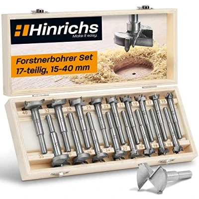 Afbeelding van Hinrichs Forstner bitset 17 delig in een houten kist 15 tot 40 mm Forstnerboor set Houtboor Forstnerbohrer Gatenboor frezen Boor hout