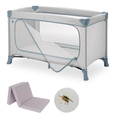 Afbeelding van Hauck Dream n Play Plus Babyreisbed, met matras en muggennet, opvouwbaar reisbed voor kinderen, tas grote ingang, Dusty Blue
