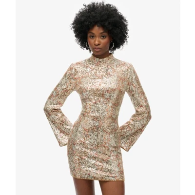 Afbeelding van Superdry Vrouwen Mini jurk met Print, Pailletten en Lange Mouwen Goud Grootte: 38
