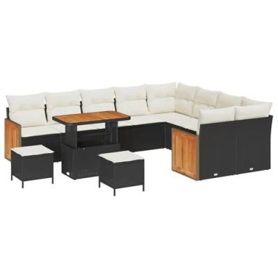 Afbeelding van vidaXL 12 delige Tuin Sofa Set met Kussens Zwart Poly Rattan Acaciahout, 3 Eet Acaciahout