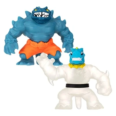 Afbeelding van Heroes of Goo Jit Zu glow Shifters Versus verpakking met 2 super stretchy figuren: Tyro vs Rock Jaw, in the dark slijmvulling en unieke glibber transformatie