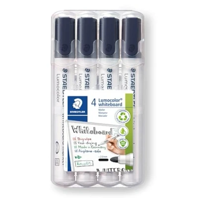 Afbeelding van Staedtler Lumocolor 351 Whiteboard marker, ronde punt ca. 2 mm lijnbreedte, set met 4 zwarte markers, hoge kwaliteit Made in Germany, droog en zonder resten afwasbaar van whiteboards, WP4 9x