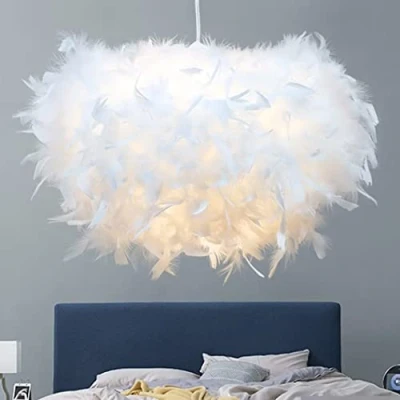 Afbeelding van GUANSHAN 50 cm/19.8&quot; Witte Hemisfeer Hanger Licht Veer Lampenkap Plafondlamp Kroonluchter voor Woonkamer, Slaapkamer, Eetkamer