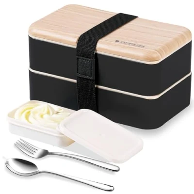 Afbeelding van Bento Box Japanse lunchbox voor volwassenen, lunchbox, meal prep boxen, met vakken, edelstaal, bestek, lepel en vork, lekvrij, ontbijtbox, snackbox