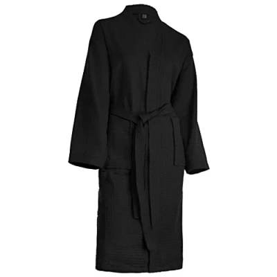 Afbeelding van Brandsseller Unisex Badjas van Katoen met Wafelstructuur maat XL Lichte kamerjas voor dames en heren Saunajack wellness &amp; thuis Comfortabel ademend Zwart