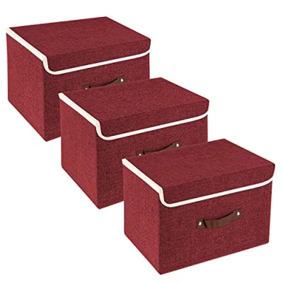 Afbeelding van 3 stuks opvouwbare opbergdozen met deksel, dozen voor kleding, speelgoed, rek rode wijn