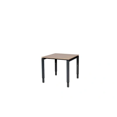 Afbeelding van Domino bureau, hoogte instelbaar (62 85cm) met 80x80cm &#039;zwevend&#039; havana/ kersen licht 25mm blad en zwart (RAL9005) N poot frame.