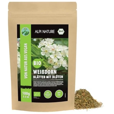 Afbeelding van Alpi Nature Organic Blankthorn Tea (100G) biologische witte doornblaadjes met bloemen meidoorn uit wilde collectie meidoornthee georganiseerd