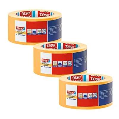 Afbeelding van tesa Precisieklep, 4344, standaard, verpakking van 3 stuks, professionele schilderskap, met dunne papierdrager, voor nauwkeurig afplakken en afdekken, oranje, elk 50 m x mm