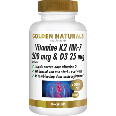 Afbeelding van Gratis Verzending: 2x Golden Naturals Vitamine K2 200 mcg&amp;D3 26mcg 180 vegacapsules