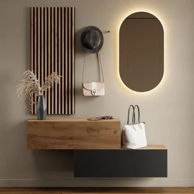 Afbeelding van Planetmöbel Halmeubel garderobe, 2 x 100 cm, wandpaneel 50 cm goud eiken/antraciet met spiegel (zonder led), wandgarderobe 32,5 h b 37,8 d