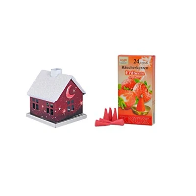 Afbeelding van KNOX Rookhuis Romantik van metaal voor wierookkaarsen maat M Kleur: Rood Afmetingen: ca. 6 x 6,5 cm Inclusief 24 stuks wierookkegels Geurnoot: Aardbei