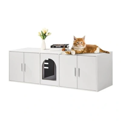 Afbeelding van VEVOR Kattenbakbehuizing voor 2 katten, kattenbakmeubels verborgen met tweepersoonskamers, houten kattenbakkast past op de meeste kattenbakken, 120 cm L x 48 B 47 H, wit