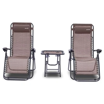 Afbeelding van SereneLife Set van 2 Ligstoelen Verstelbare Tuinligstoelen met Bijzettafel, Bekerhouders en Afneembare Kussens Opvouwbare Draagbare Loungestoelen voor Terras, Tuin, Strand Bruin