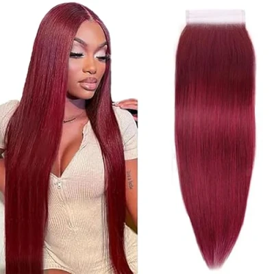 Afbeelding van Tuheerst #99J Burgundy Lace Closure Brazilian Human Hair 4x4 Front Straight 24 Inches Free Part Unprocessed Virgin