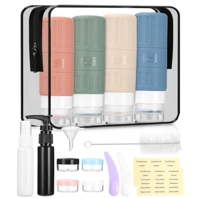 Afbeelding van Siliconen reisflessen, 100 ml, reisset met opbergtas, 16 stuks reisflessen om te vullen, bisfenol A vrij, draagbare reisflessenset, voor lotion, spoeling, douchegel