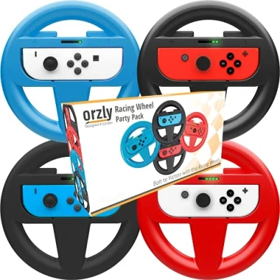 Afbeelding van Orzly Steering Wheels for Nintendo Switch Party Pack of FOUR Racing use with Mario Kart 8 Deluxe, Wheel Controller Attachments [2x Black, 1x Blue, Red Wheels]