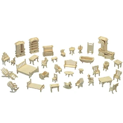 Afbeelding van Poppenhuismeubels lasergesneden houten 3D puzzel miniatuur poppenhuis kit huismeubelset 34 delig