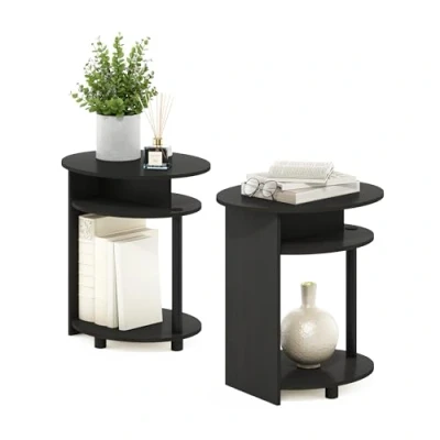 Afbeelding van Furinno JAYA Ovale bijzettafel met modern design (set van 2), hout, walnoot/zwart, 39,37 x 48 49,02 cm