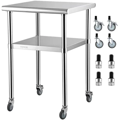 Afbeelding van Vevor roestvrijstalen tafel met 4 universele wielen verstelbaar onderblad 61 x 91,4 cm stabiliteit werktafel voor zwaar gebruik belastbaar tot 181,4 kg keuken, garage, achtertuin, tuin Zilver