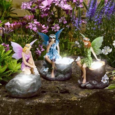 Afbeelding van garden mile Set van 3 feeëntuinbeelden met zonnelampen voor buiten, nieuwigheid, tuinverlichting, led, slingers, zonnelampen, feeëntuin, ornamenten in roze, blauw en groen