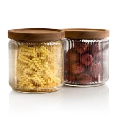 Afbeelding van Mason &amp; Fable Geribbelde glazen pot, stapelbare en luchtdichte houten deksel opbergbus voor granen, pasta, rijst/bloem high end look keuken, bijkeuken, barorganisatie 40 oz, set van 2