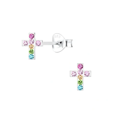 Afbeelding van JoyS Zilveren petit kruisje oorbellen 5 x 6 mm kristal multicolor