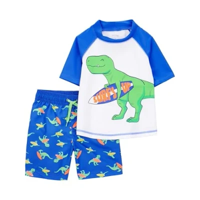 Afbeelding van Simple Joys by Carter&#039;s Badpak voor peuters en babyjongens met zwembroek rashguard set, Blauw Witte Dinosaur, 4T