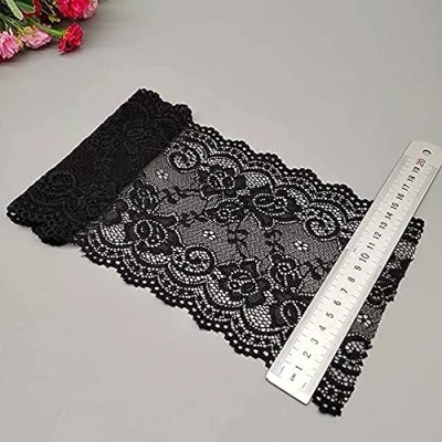 Afbeelding van Yulakes Elastiek, kanten boord, sierband, kant, bloemenrand, voor handwerk, dessous, bruiloftsjurk, bruiloft, decoratie, 15 cm breed, zwart