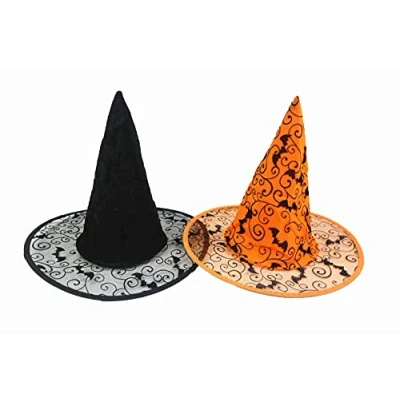 Afbeelding van Halloween heksenhoed spinnenweb heksen/tovenaar feestmutsen. 2 stuks (zwart en oranje)