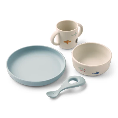 Afbeelding van Liewood Vivi Siliconen Servies Set met print Aviator Ecru