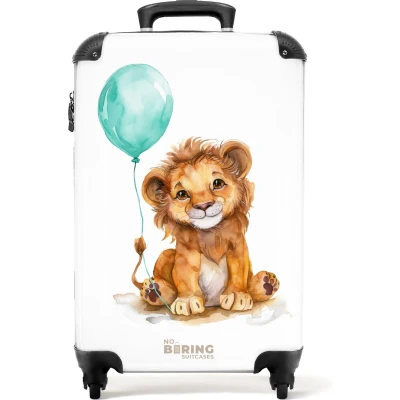 Afbeelding van NoBoringSuitcases.com® Kinderkoffer jongen Kindertrolley jongens Leeuw met blauwe ballon Handbagage koffer lichtgewicht Reiskoffer trolley kinderen Rolkoffer wieltjes Past binnen 55x40x20 en 55x35x25