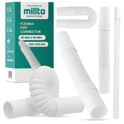 Afbeelding van Millto™ Flexibele afvoerbuis, 32 mm, wit, polypropyleen aansluiting, universele verbindingsslang, geschikt voor alle configuraties, verstelbaar