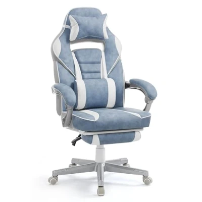 Afbeelding van SONGMICS bureaustoel, uitschuifbare voetensteun, hoofdkussen, lendenkussen, in hoogte verstelbaar, ergonomisch, kantelbare rugleuning, tot 150 kg belastbaar, zeeblauw crèmewit OBG073Q01
