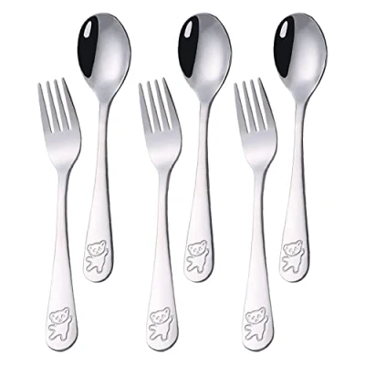 Afbeelding van PHIEZC 6 stuks kinderbestekset 18/10 roestvrij staal, 3 soeplepels + dessertvorken, vorken, lepelset, babylepel, vork, berenpatroon, 16,5 cm