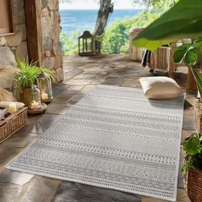 Afbeelding van SIMPEX Buiten Vloerkleed grijs 80x150 cm, weerbestendig en UV bestendig, ideaal voor de keuken, balkon, terras, evenals woonkamer eetkamer, Scandinavisch boho design
