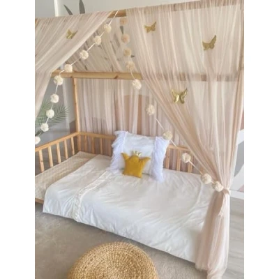 Afbeelding van Baby Fancyroom Huisbed, hemel, beige, bedhemel decoratieset kinderkamer, kinderbed, baldakijn, pomponslinger van premium tule voor huisbedden (hemel + 5 x gouden vlinder, 380 cm)