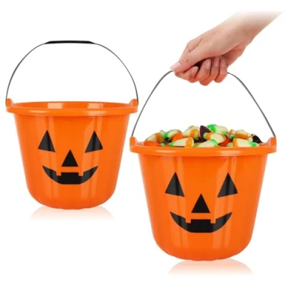 Afbeelding van COM FOUR® 2x Halloween pompoenemmers XL plastic emmers in pompoendesign voor het verzamelen van snoep opvangzak met handvat