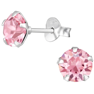 Afbeelding van JoyS Zilveren ronde oorbellen kristal roze 6 mm oorknoppen sterling zilver 925