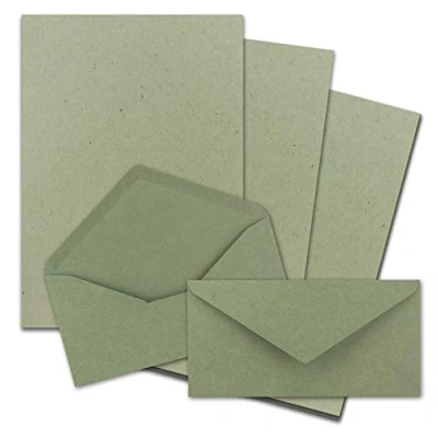Afbeelding van Set van 50 stuks briefpapier, DIN A4, met lange enveloppen, nat kleven, kraftpapiergroen, gerecycled schrijfpapier enveloppen FarbenFroh by GUSTAV NEUSER