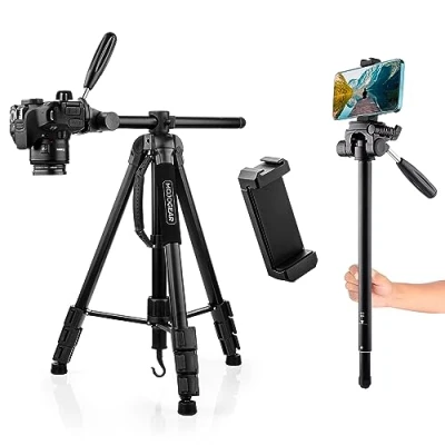 Afbeelding van MOJOGEAR 179cm 3 in 1 Statief: Driepoot, Monopod &amp; Horizontale Arm voor topshots met Telefoonhouder en Tripod Draagtas Groot statief smartphone telefoon camera Zwart