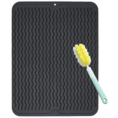 Afbeelding van afdruipmat van silicone, 50 x 40 cm, voor servies met reinigingsborstel, hittebestendig, antislip en geurloos, zwart