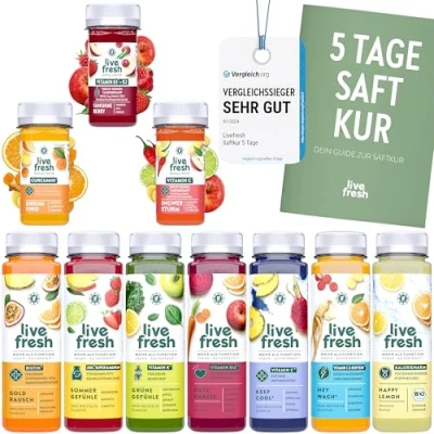 Afbeelding van LiveFresh Sapkuur 5 dagen 7 sappen &amp; 3 shots per dag Met kurkuma, gember, citroen, appels, cayenne, limoen, sinaasappel guarana zonder suiker toevoegingen (incl. 8,75 borg)